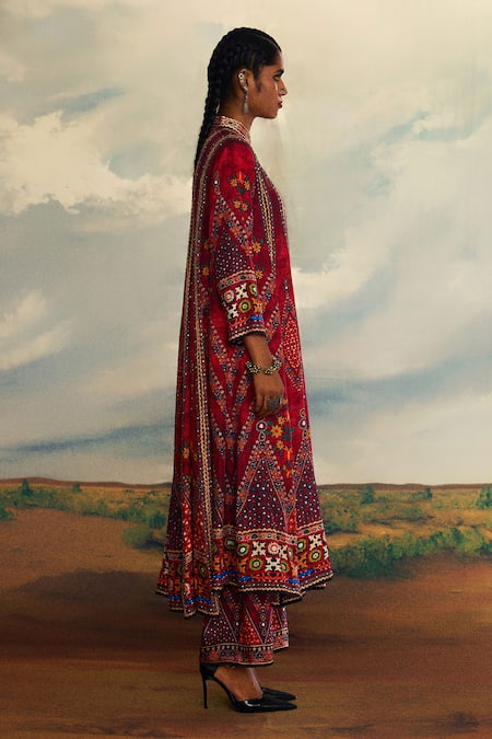 Shop_Rajdeep Ranawat_Red Silk Embroidery, Mirrors Bandeau Neck Ada And Thread Anarkali _Online_at_Aza_Fashions