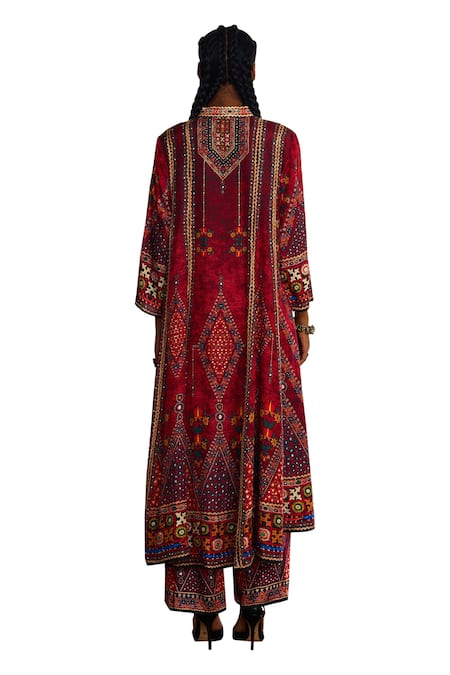 Buy_Rajdeep Ranawat_Red Silk Embroidery, Mirrors Bandeau Neck Ada And Thread Anarkali 