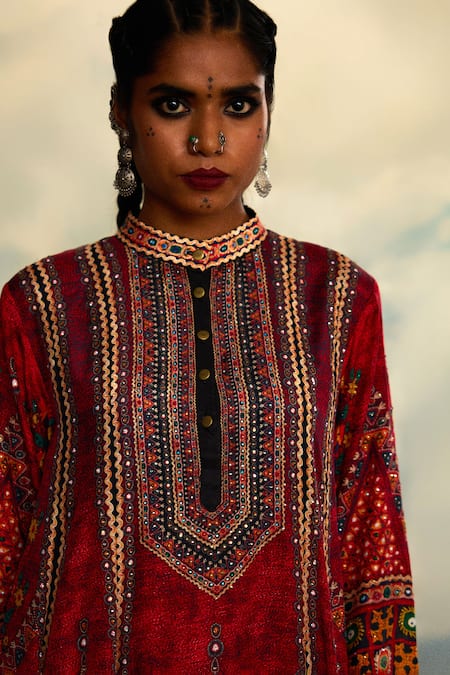 Shop_Rajdeep Ranawat_Red Silk Embroidery, Mirrors Bandeau Neck Ada And Thread Anarkali 