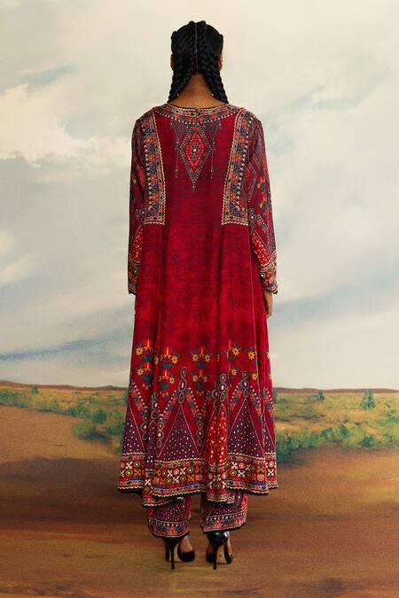 Shop_Rajdeep Ranawat_Red Silk Embroidery Round Neck Amelia Panelled Flared Tunic _at_Aza_Fashions