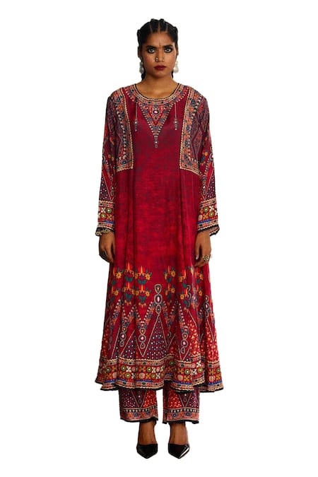 Rajdeep Ranawat_Red Silk Embroidery Round Neck Amelia Panelled Flared Tunic _Online_at_Aza_Fashions