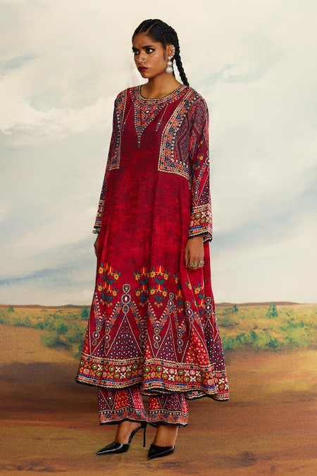 Shop_Rajdeep Ranawat_Red Silk Embroidery Round Neck Amelia Panelled Flared Tunic _Online_at_Aza_Fashions