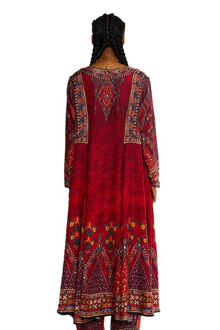 Rajdeep Ranawat_Red Silk Embroidery Round Neck Amelia Panelled Flared Tunic _at_Aza_Fashions