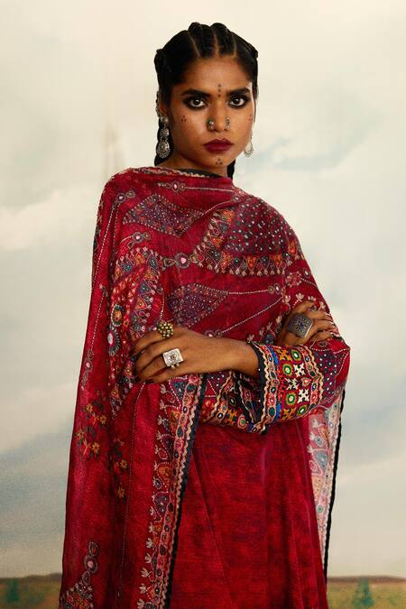 Shop_Rajdeep Ranawat_Red Silk Embroidery Round Neck Amelia Panelled Flared Tunic 