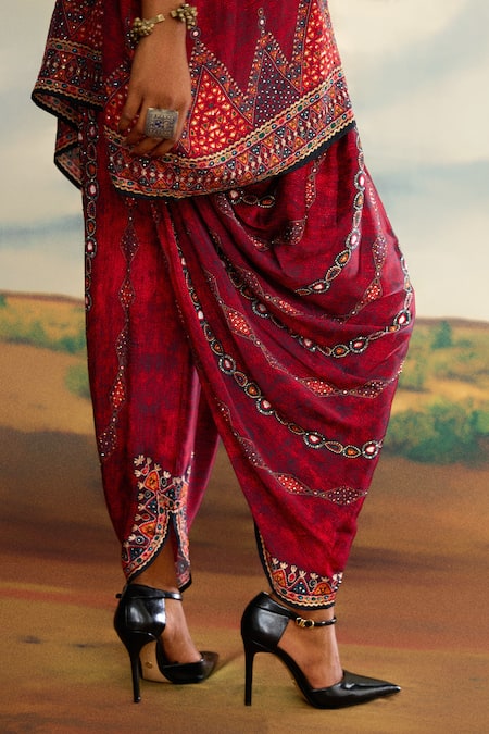 Rajdeep Ranawat_Red Modal, Satin Embroidery Printed Afghani Dhoti Pant _Online_at_Aza_Fashions