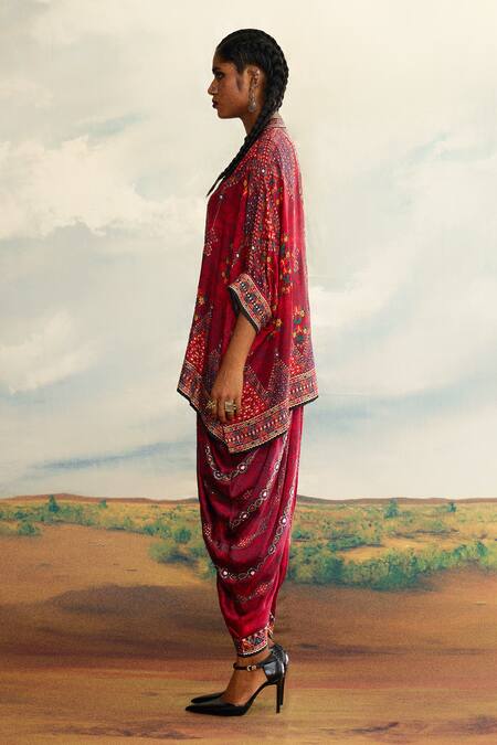 Buy_Rajdeep Ranawat_Red Modal, Satin Embroidery Printed Afghani Dhoti Pant _Online_at_Aza_Fashions