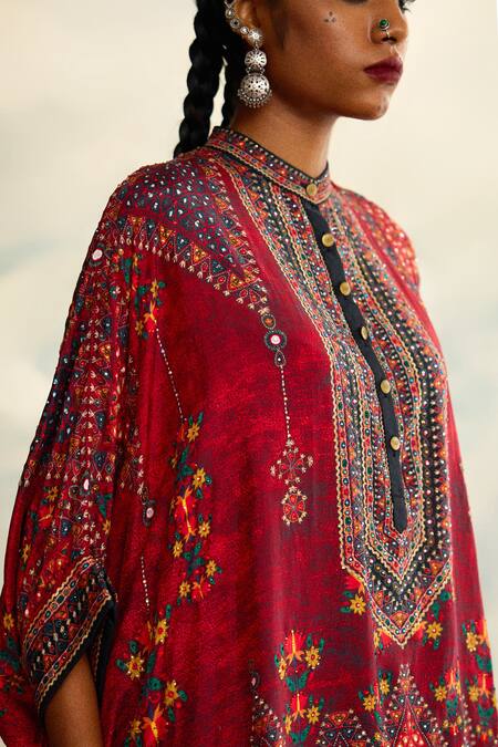 Rajdeep Ranawat_Red Modal, Satin Embroidery Printed Afghani Dhoti Pant _at_Aza_Fashions