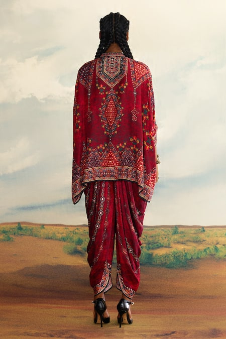 Shop_Rajdeep Ranawat_Red Silk Embroidery Bandeau Neck Chanel Short Tunic _at_Aza_Fashions