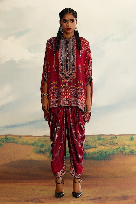 Buy_Rajdeep Ranawat_Red Silk Embroidery Bandeau Neck Chanel Short Tunic _Online_at_Aza_Fashions