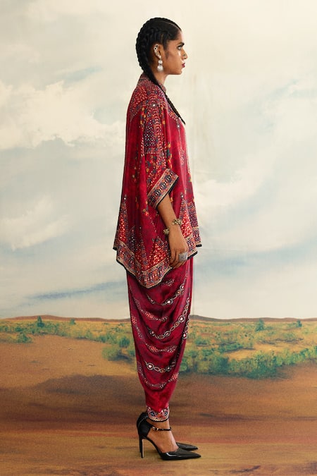 Shop_Rajdeep Ranawat_Red Silk Embroidery Bandeau Neck Chanel Short Tunic _Online_at_Aza_Fashions