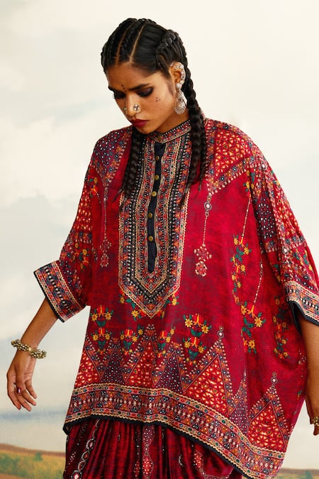 Shop_Rajdeep Ranawat_Red Silk Embroidery Bandeau Neck Chanel Short Tunic 