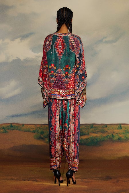 Shop_Rajdeep Ranawat_Multi Color Modal, Satin Embroidery Maimouna Geometric Print Turkish Draped Pant _at_Aza_Fashions