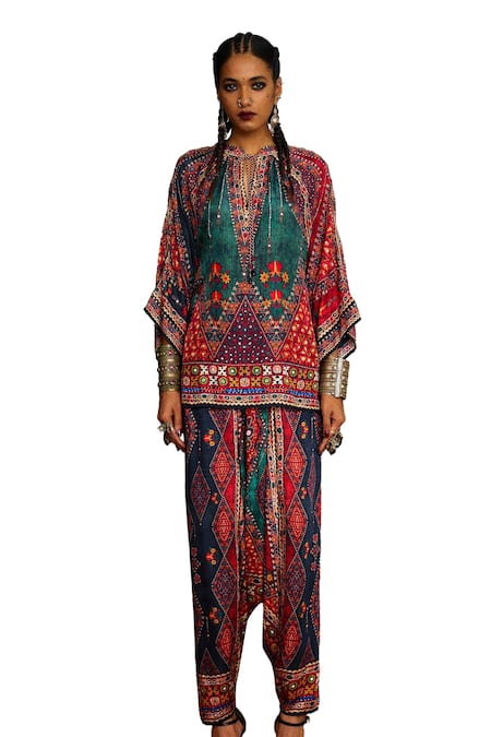 Rajdeep Ranawat_Multi Color Modal, Satin Embroidery Maimouna Geometric Print Turkish Draped Pant _Online_at_Aza_Fashions