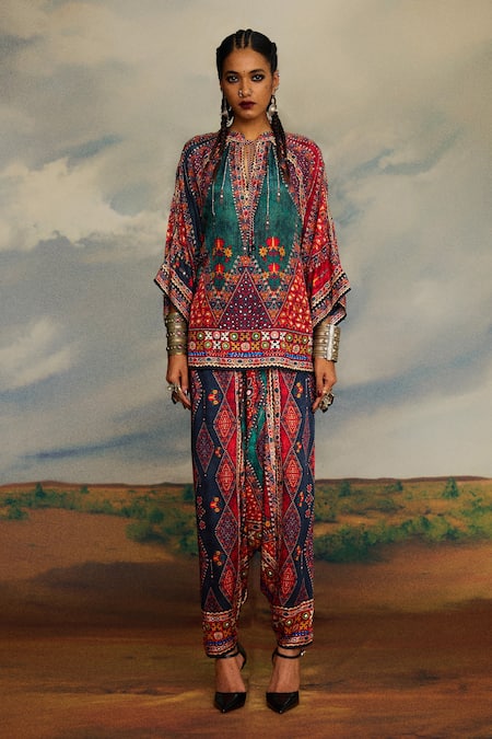 Buy_Rajdeep Ranawat_Multi Color Modal, Satin Embroidery Maimouna Geometric Print Turkish Draped Pant _Online_at_Aza_Fashions