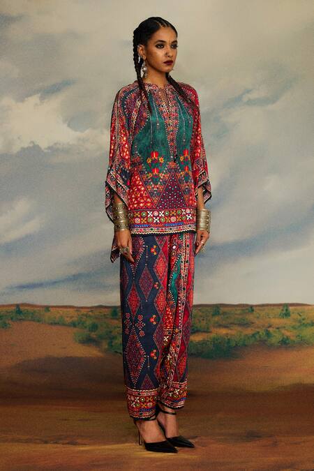 Shop_Rajdeep Ranawat_Multi Color Modal, Satin Embroidery Maimouna Geometric Print Turkish Draped Pant _Online_at_Aza_Fashions