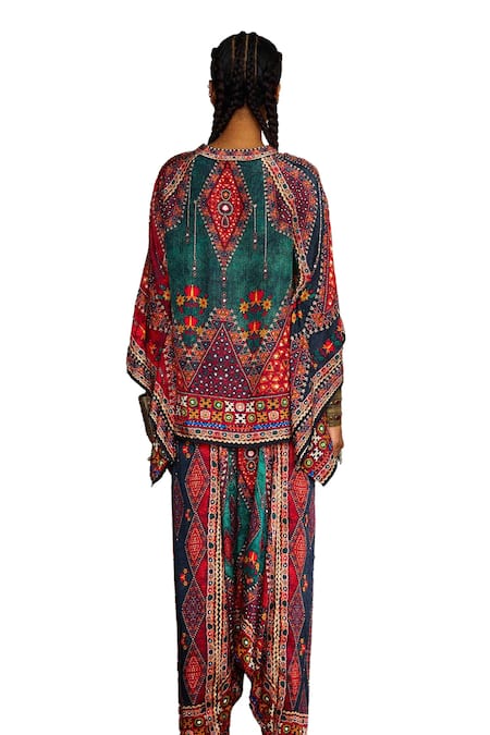 Rajdeep Ranawat_Multi Color Modal, Satin Embroidery Maimouna Geometric Print Turkish Draped Pant _at_Aza_Fashions