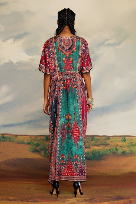 Shop_Rajdeep Ranawat_Multi Color Silk V-neck Kusum Diamond Print Kaftan _at_Aza_Fashions