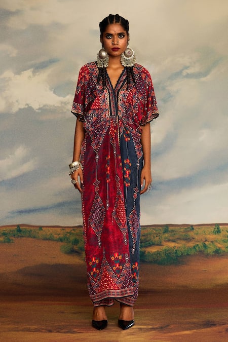 Rajdeep Ranawat_Multi Color Silk V-neck Kusum Diamond Print Kaftan _Online_at_Aza_Fashions
