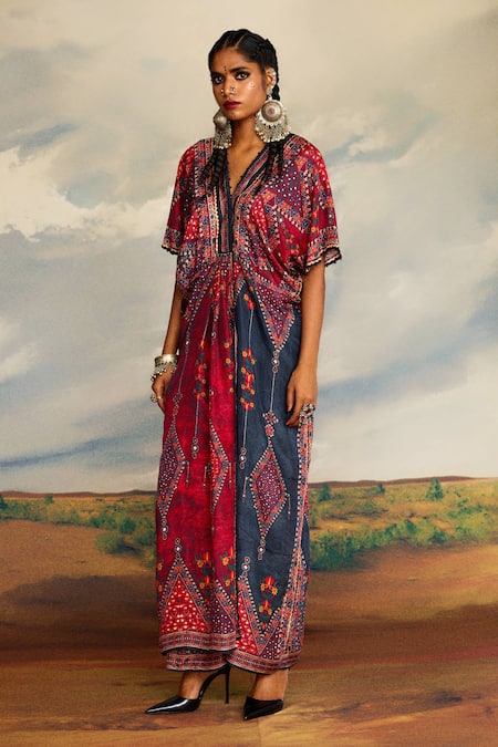 Buy_Rajdeep Ranawat_Multi Color Silk V-neck Kusum Diamond Print Kaftan _Online_at_Aza_Fashions