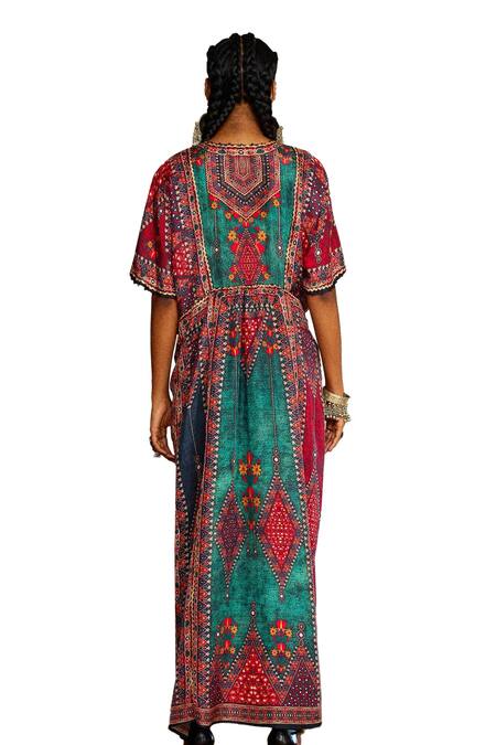 Shop_Rajdeep Ranawat_Multi Color Silk V-neck Kusum Diamond Print Kaftan _Online_at_Aza_Fashions