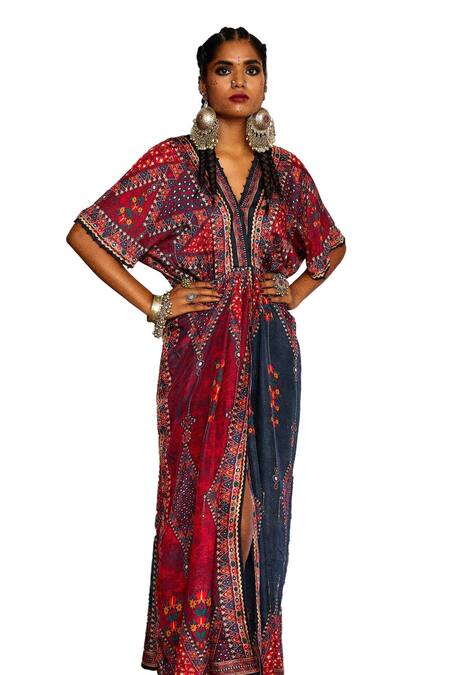 Rajdeep Ranawat_Multi Color Silk V-neck Kusum Diamond Print Kaftan _at_Aza_Fashions