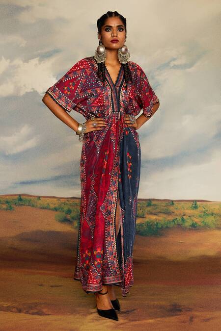 Buy_Rajdeep Ranawat_Multi Color Silk V-neck Kusum Diamond Print Kaftan 