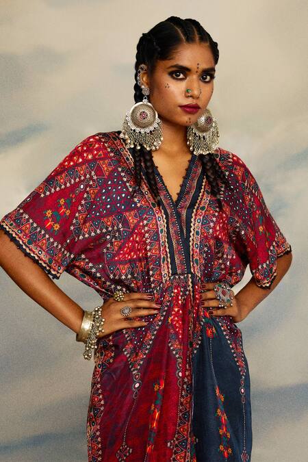 Shop_Rajdeep Ranawat_Multi Color Silk V-neck Kusum Diamond Print Kaftan 