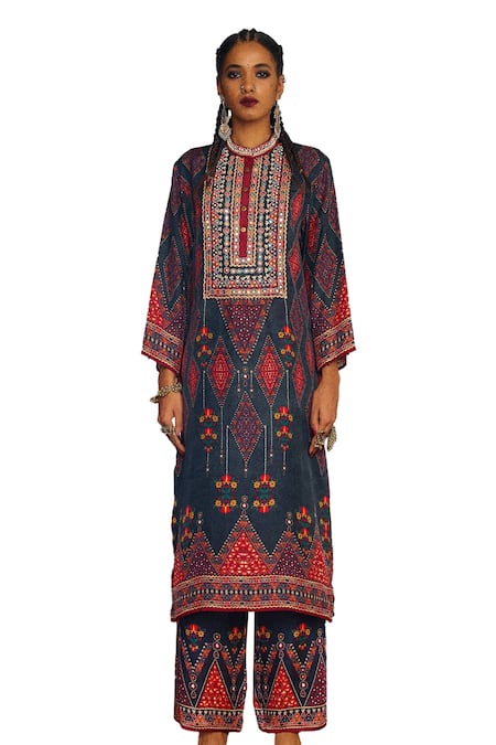 Rajdeep Ranawat_Grey Silk Mirrors, Diamonds Bandeau Neck Champa Print Kurta _Online_at_Aza_Fashions