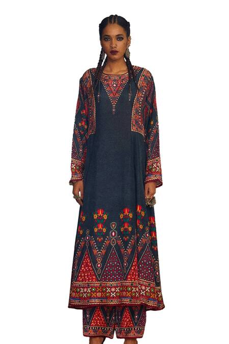 Rajdeep Ranawat Grey Silk Mirrors, Embroidery Boat Neck Amelia Tribal Print Kurta Online at Aza Fashions Rajdeep Ranawat_Grey Silk Mirrors, Embroidery Boat Neck Amelia Tribal Print Kurta _Online_at_Aza_Fashions