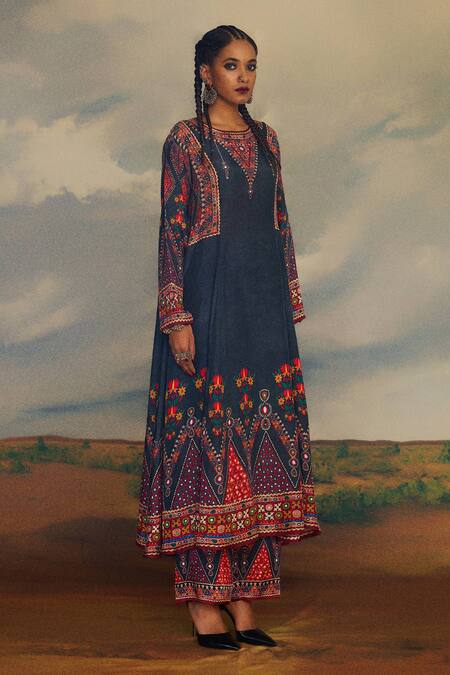 Rajdeep Ranawat Grey Silk Mirrors, Embroidery Boat Neck Amelia Tribal Print Kurta at Aza Fashions Rajdeep Ranawat_Grey Silk Mirrors, Embroidery Boat Neck Amelia Tribal Print Kurta _at_Aza_Fashions