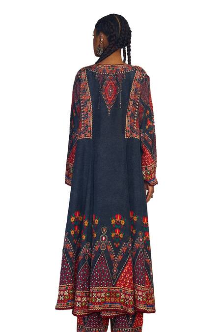 Buy Rajdeep Ranawat Grey Silk Mirrors, Embroidery Boat Neck Amelia Tribal Print Kurta Buy_Rajdeep Ranawat_Grey Silk Mirrors, Embroidery Boat Neck Amelia Tribal Print Kurta