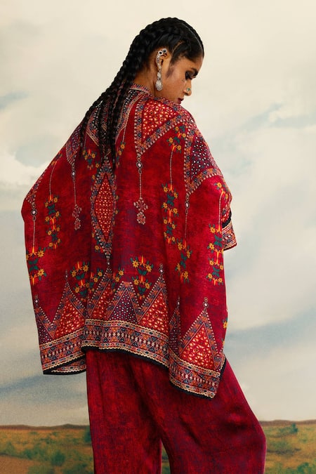 Shop_Rajdeep Ranawat_Red Silk Bandeau Neck Chanel Geometric Print Short Tunic _at_Aza_Fashions