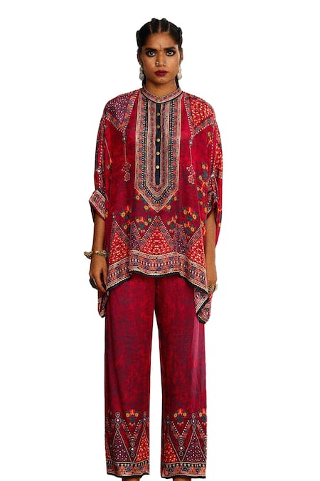 Rajdeep Ranawat_Red Silk Bandeau Neck Chanel Geometric Print Short Tunic _Online_at_Aza_Fashions