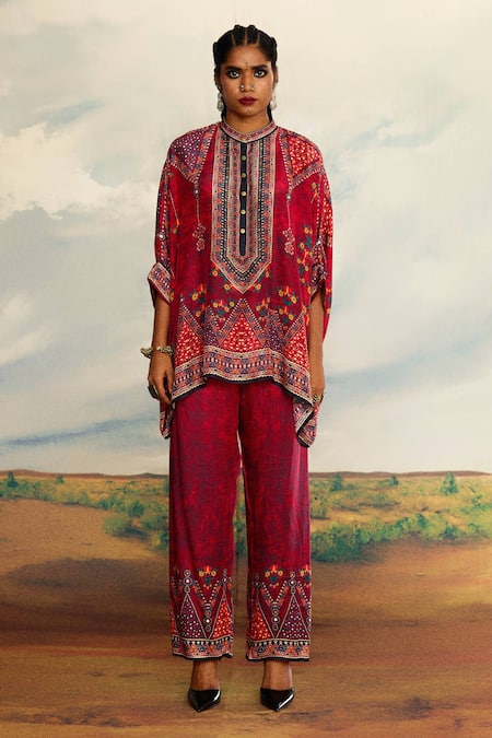 Buy_Rajdeep Ranawat_Red Silk Bandeau Neck Chanel Geometric Print Short Tunic _Online_at_Aza_Fashions