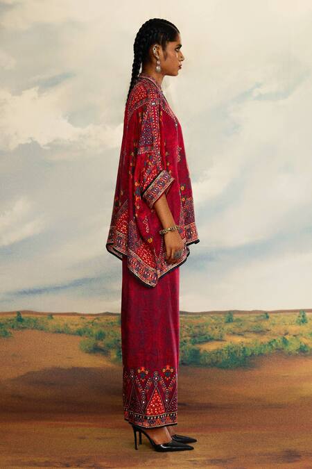 Shop_Rajdeep Ranawat_Red Silk Bandeau Neck Chanel Geometric Print Short Tunic _Online_at_Aza_Fashions