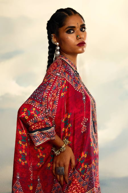 Rajdeep Ranawat_Red Silk Bandeau Neck Chanel Geometric Print Short Tunic _at_Aza_Fashions