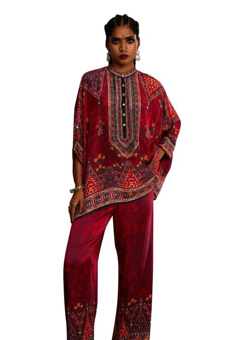 Shop_Rajdeep Ranawat_Red Modal, Satin Permaz Border Printed Palazzo 