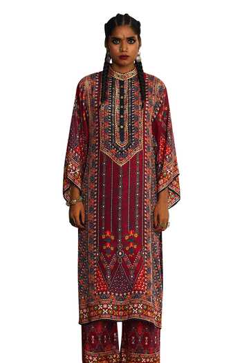 Rajdeep Ranawat_Red Silk Bandeau Neck Gayatri Printed Kurta _Online_at_Aza_Fashions