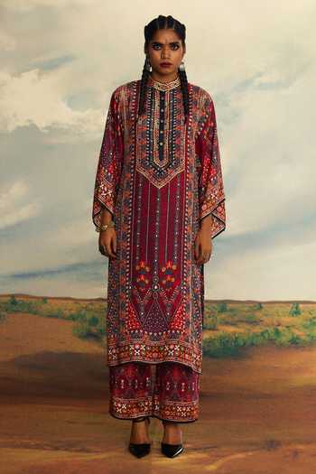 Buy_Rajdeep Ranawat_Red Silk Bandeau Neck Gayatri Printed Kurta _Online_at_Aza_Fashions