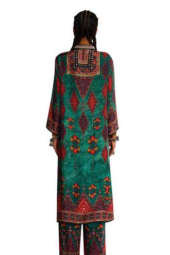 Buy_Rajdeep Ranawat_Green Silk Embroidery Bandeau Neck Champa Diamond Print Kurta 