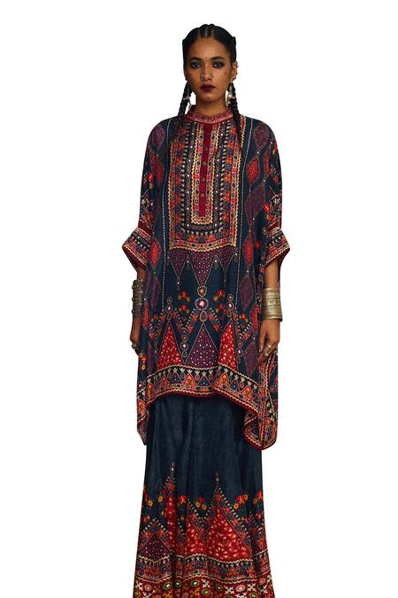 Rajdeep Ranawat_Grey Silk Embroidery, Mirrors Bandeau Neck Chanel Diamond Print Tunic _Online_at_Aza_Fashions