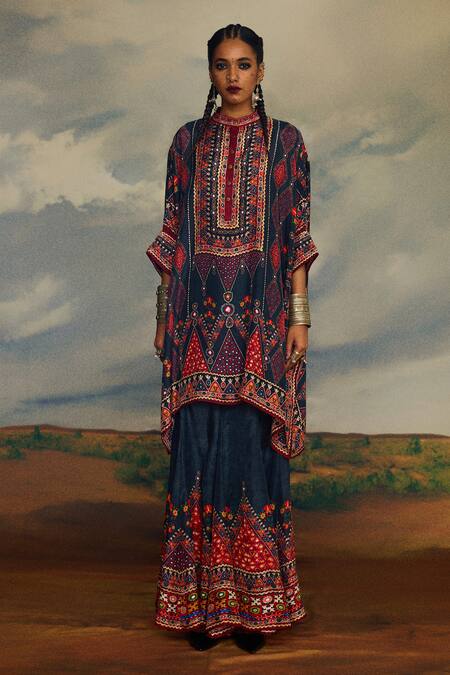 Buy_Rajdeep Ranawat_Grey Silk Embroidery, Mirrors Bandeau Neck Chanel Diamond Print Tunic _Online_at_Aza_Fashions