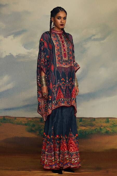 Shop_Rajdeep Ranawat_Grey Silk Embroidery, Mirrors Bandeau Neck Chanel Diamond Print Tunic _Online_at_Aza_Fashions