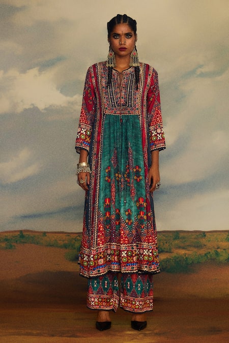 Buy_Rajdeep Ranawat_Multi Color Silk Embroidery Keyhole Neck Anisha Floral Print Anarkali _Online_at_Aza_Fashions