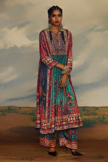 Shop_Rajdeep Ranawat_Multi Color Silk Embroidery Keyhole Neck Anisha Floral Print Anarkali 