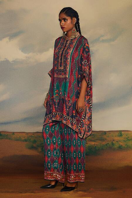 Shop Rajdeep Ranawat Multi Color Silk Embroidery Bandeau Neck Chanel Mirror Yoke Tunic Online at Aza Fashions Shop_Rajdeep Ranawat_Multi Color Silk Embroidery Bandeau Neck Chanel Mirror Yoke Tunic _Online_at_Aza_Fashions