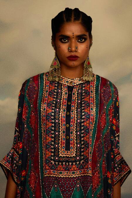 Buy Rajdeep Ranawat Multi Color Silk Embroidery Bandeau Neck Chanel Mirror Yoke Tunic Buy_Rajdeep Ranawat_Multi Color Silk Embroidery Bandeau Neck Chanel Mirror Yoke Tunic