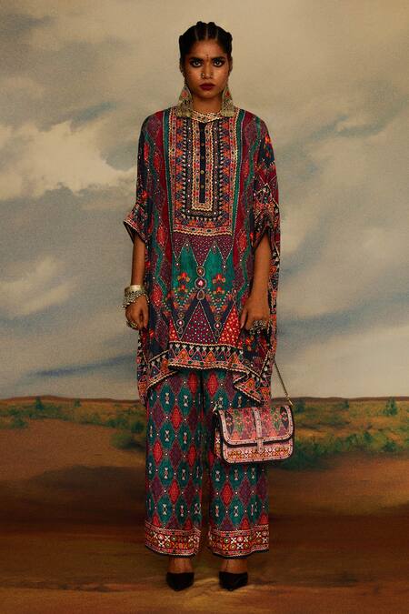 Shop Rajdeep Ranawat Multi Color Silk Embroidery Bandeau Neck Chanel Mirror Yoke Tunic Shop_Rajdeep Ranawat_Multi Color Silk Embroidery Bandeau Neck Chanel Mirror Yoke Tunic