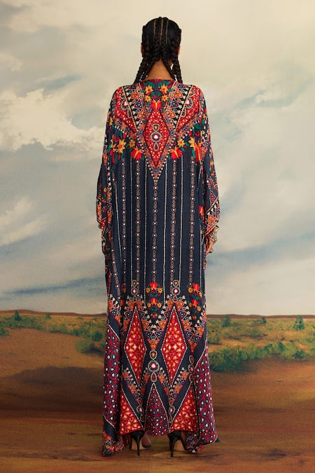 Shop_Rajdeep Ranawat_Grey Silk Embroidery V-neck Imama Floral Print Kaftan _at_Aza_Fashions