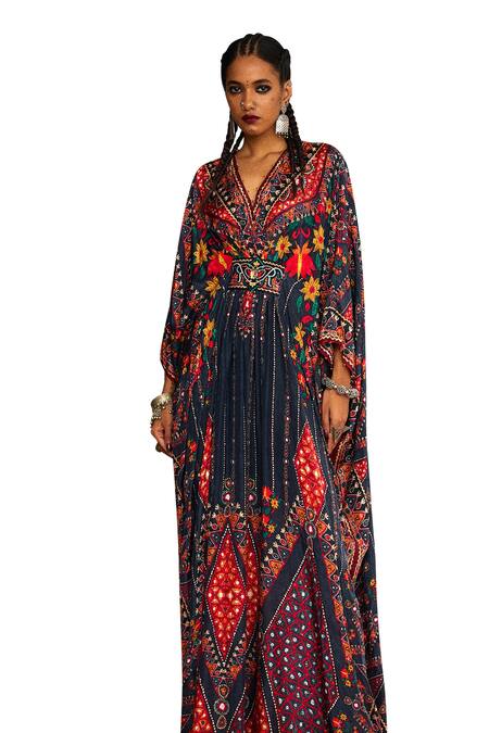 Rajdeep Ranawat_Grey Silk Embroidery V-neck Imama Floral Print Kaftan _Online_at_Aza_Fashions
